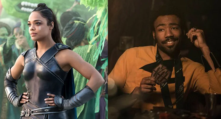 Tessa Thompson as Valkyrie in Thor: Ragnarok (left), Donald Glover as Lando in Solo (right).