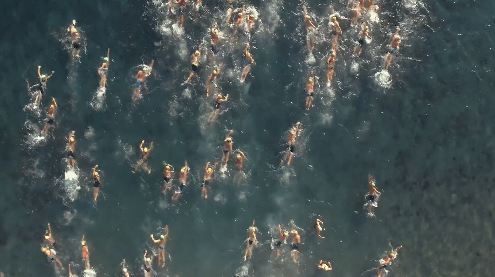 Swimmers in a close-up drone shot