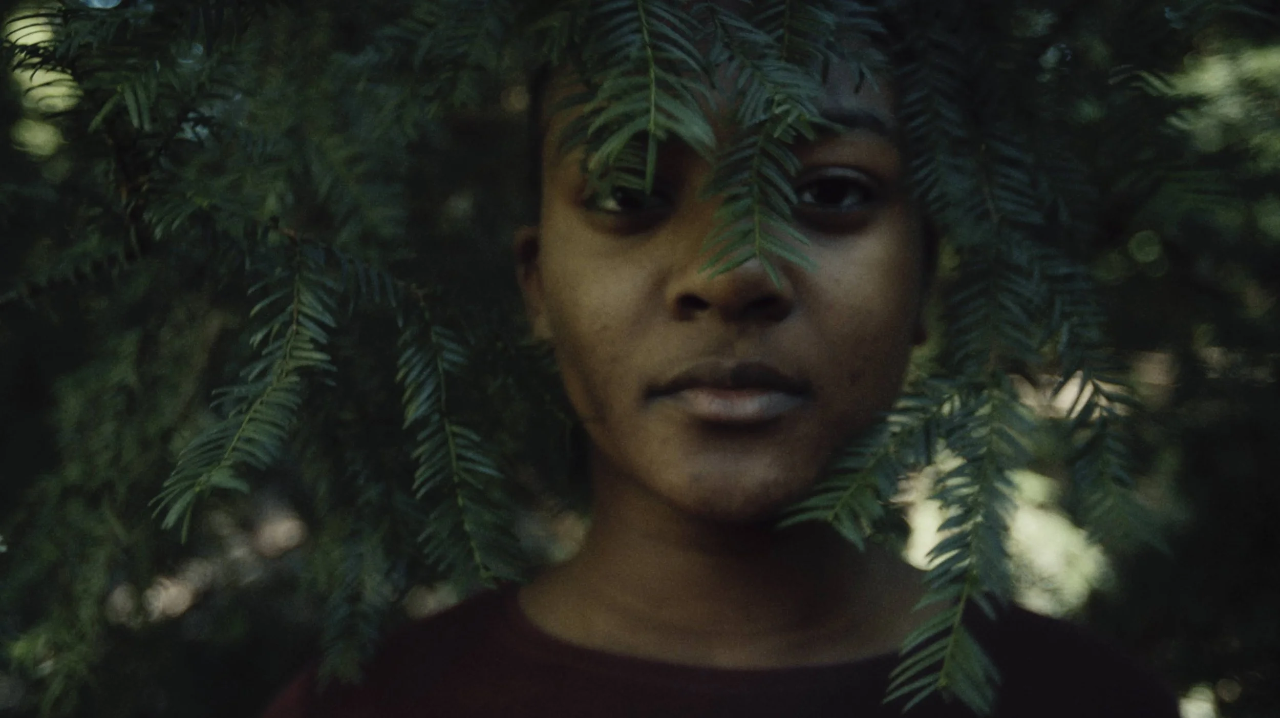A girl hides in the forest 