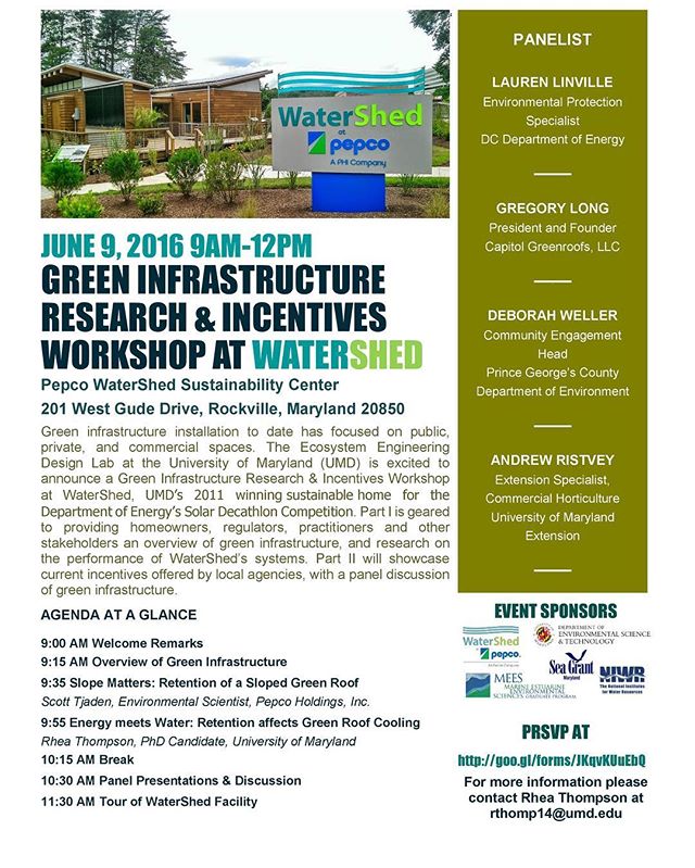MEES Ph.D. Student, Rhea Thompson, is hosting a Green Infrastructure workshop at WaterShed, University of Maryland's winning sustainable home for the Department of Energy Solar Decathlon. Rhea is hosting this workshop in order to fulfill her Maryland Sea Grant Costal Resilience & Sustainability Fellowship.
The workshop is geared towards providing homeowners, regulators, practitioners, and other stakeholders an overview of green infrastructure, and showcase research and current incentives offered by local agencies for residential buildings. #MarylandSeaGrant
