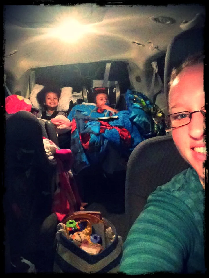 Starting out on our road trip. You can clearly see how excited the kids are! I had a bag of toys and snacks within reach, so that I could just toss things to toddlers as needed! And with one seat stowed underneath, there was plenty of room in the ba…