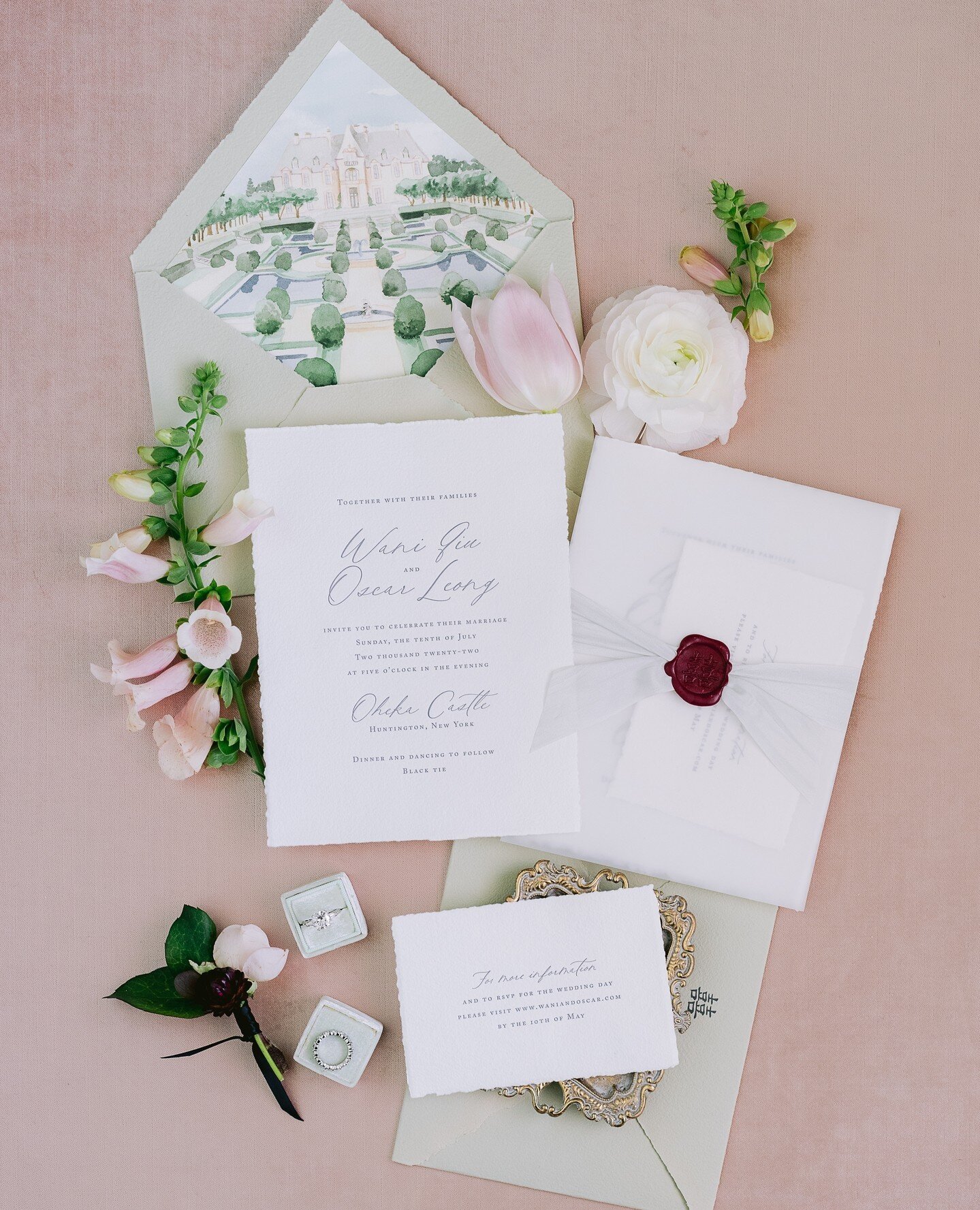 This romantic wedding invitation is such a dream - handmade paper, a silk ribbon, and a wax seal 😍⁠
 @angweddingsny @kyleeyeephoto⁠ @ohekacastle⁠
⁠
#1440nyc #fourteenfortyny #weddinginvitation #weddinginspo #weddinginspiration #weddinginvite  #roman