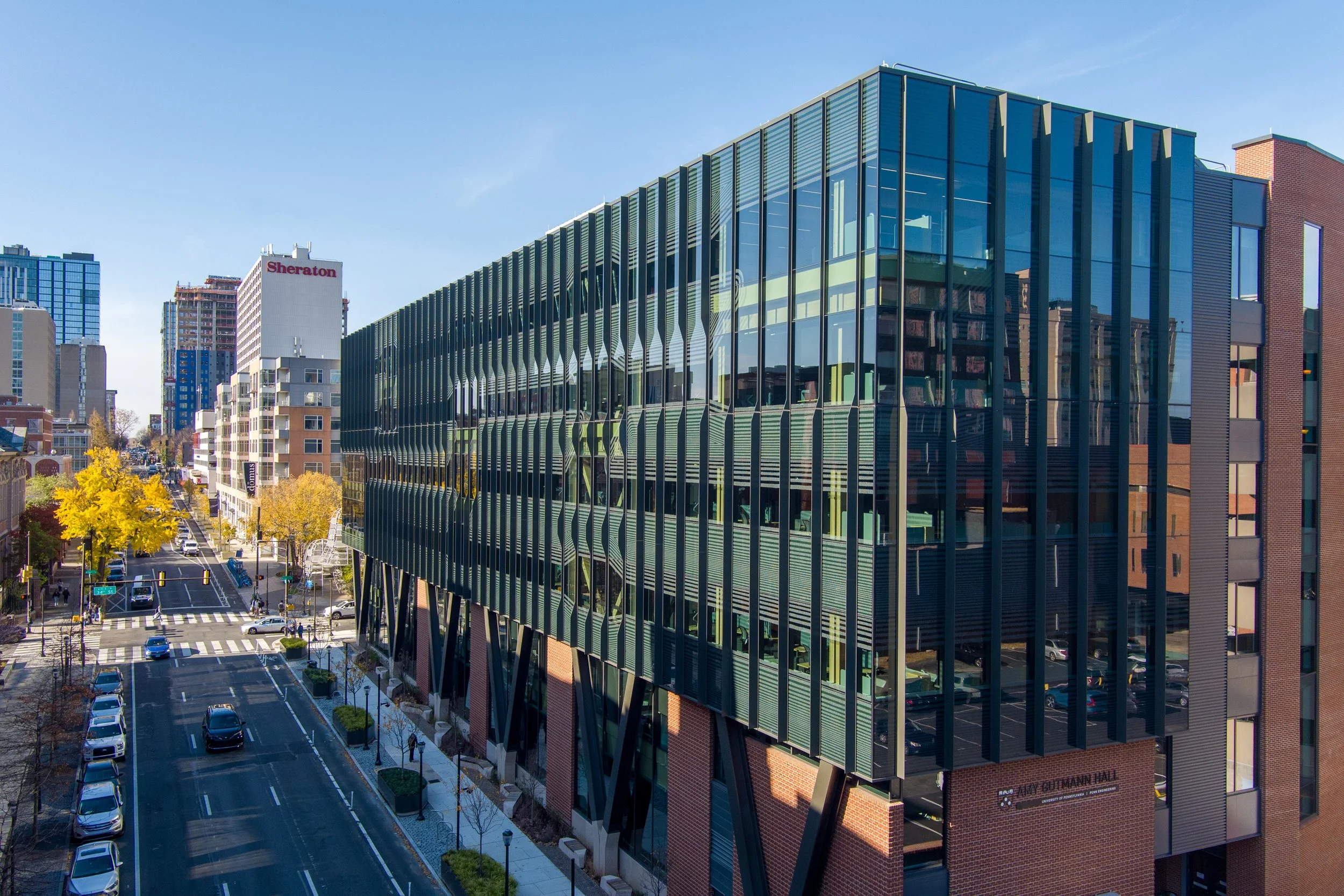   Photographing from a drone lets us fully capture the combination of mass timber and glass that makes up the Gutmann Hall exterior.  