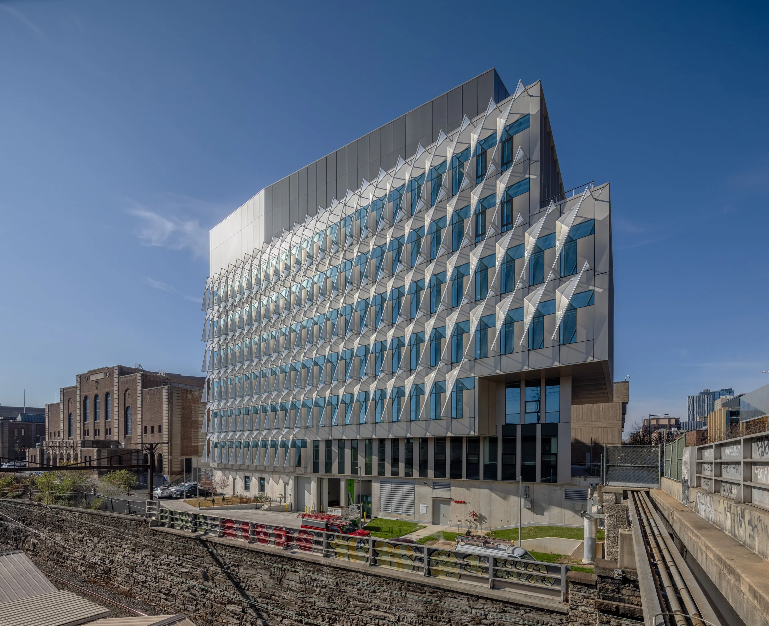   This street-level view of the Vagelos Laboratory shows off the impressive facade but very little of the surrounding area.  