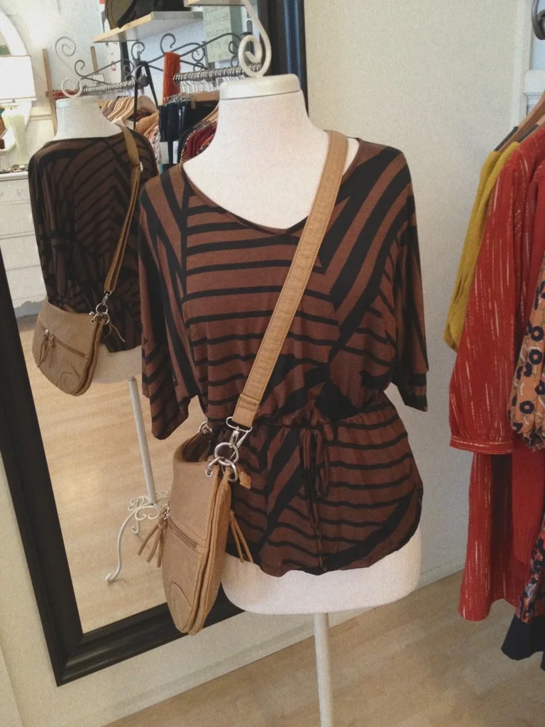 Comfortable slouchy brown and navy top. Pair it with jeans for a quick run to the store or dress it up with boots and necklace for dining out.