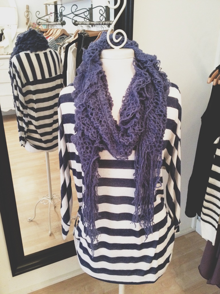 Blue and White Striped Loose Fitting Top with Blue Chunky Scarf.