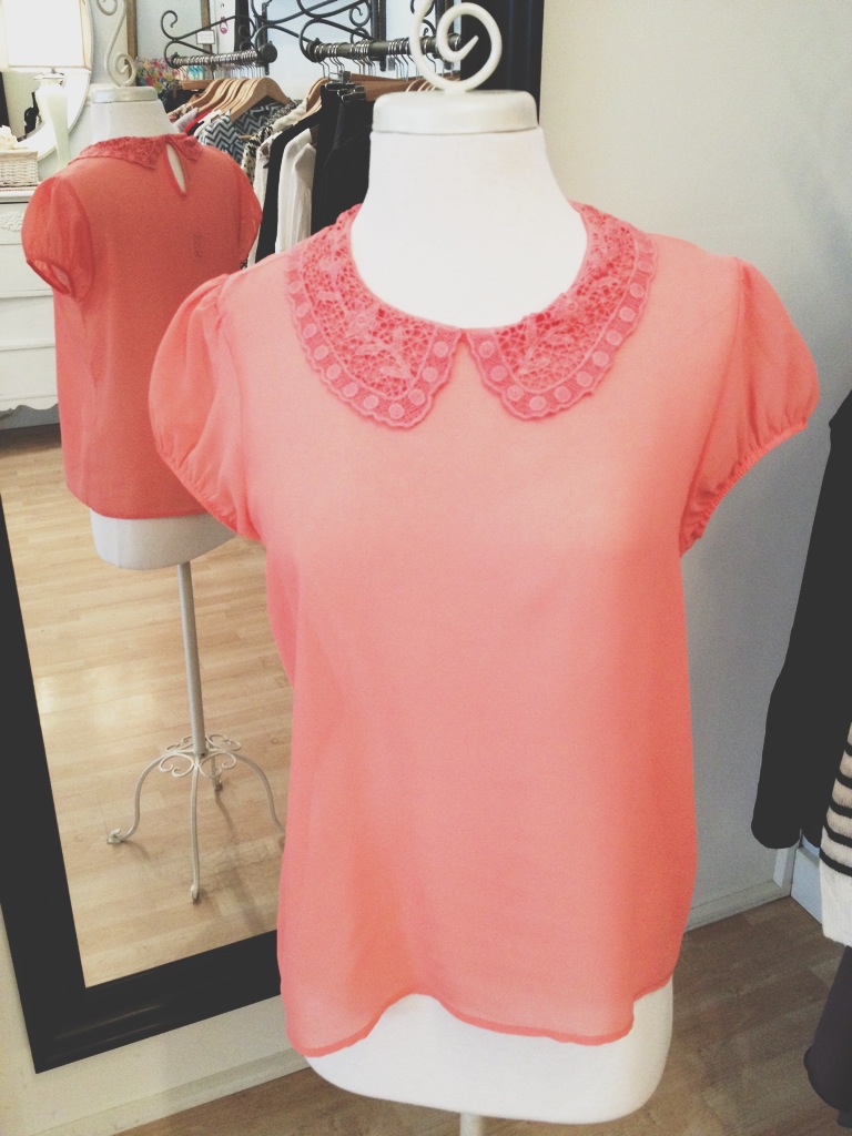 Sheer Coral Tee with Peter Pan Collar. 