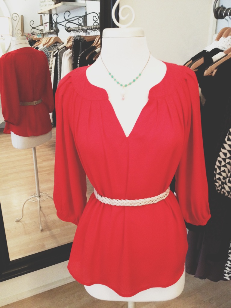 Red V-neck Blouse with Thin Rope Belt.