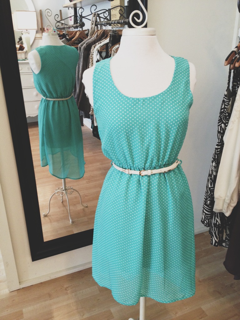 Belted turquoise dress with white polka dots 