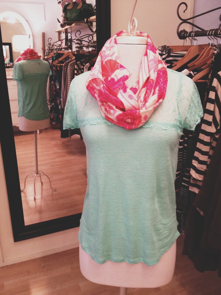 Minty Green Lace T-Shirt Paired with a Floral Infinity Scarf. 