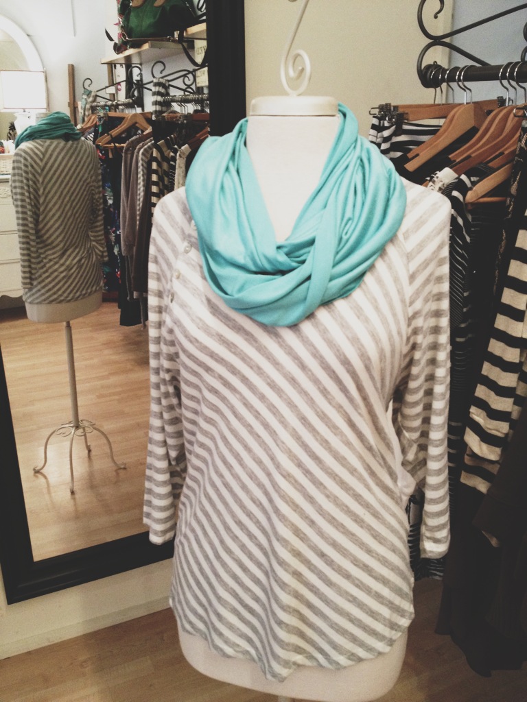 Gray Striped Top with a Dana Herbert Infinity Scarf (Made in Portland). 