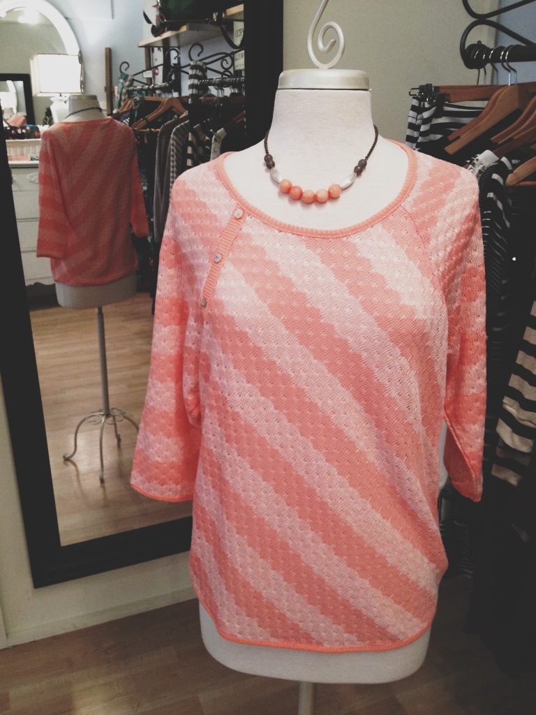 Coral Striped Sweater Paired with a Dana Herbert Necklace (Made in Portland). 