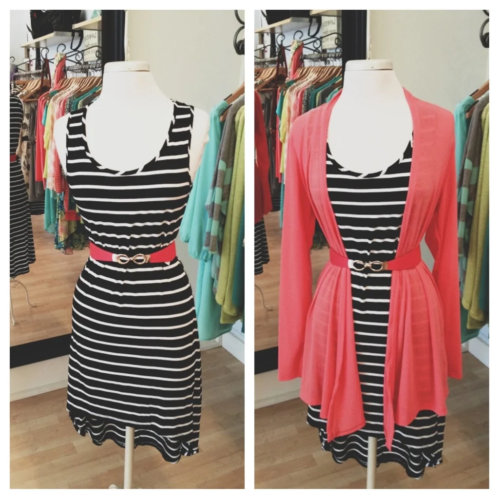 Cotton Striped Dress with Coral Cardigan