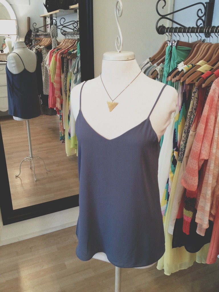 Loose Gray Tank with Gold Triangle Necklace