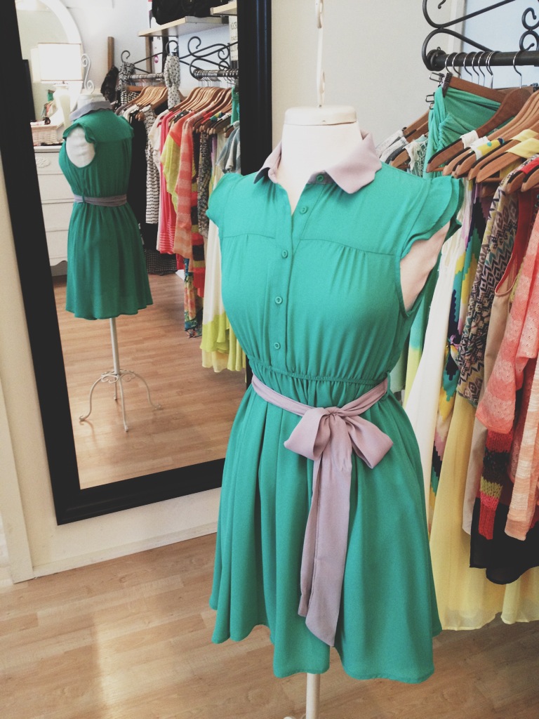 Green Button Up Dress with Gray Collar and Belt