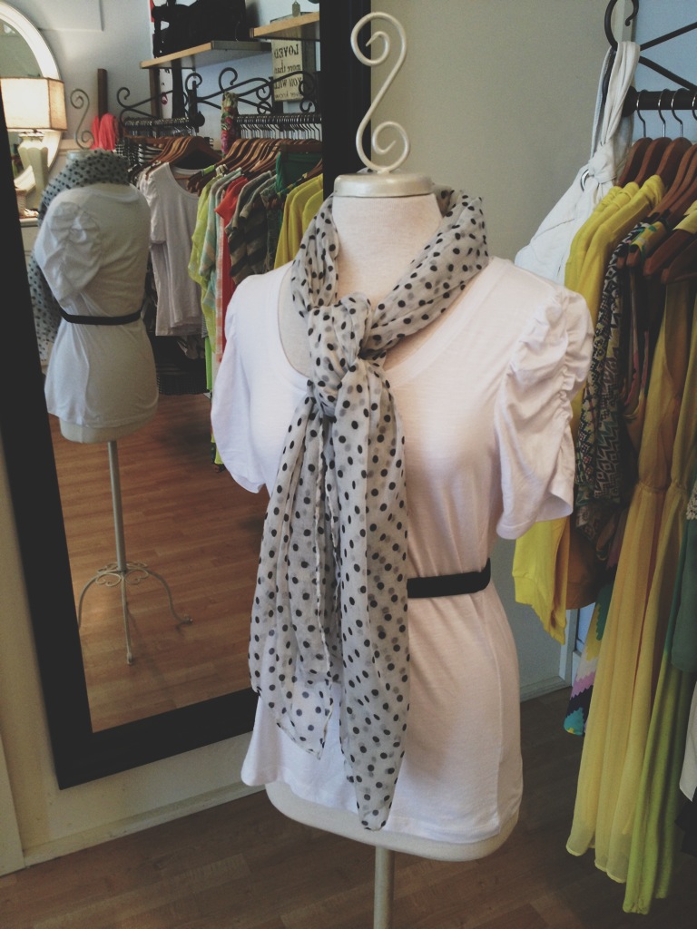 White Top with Black and White Polka Dot Scarf