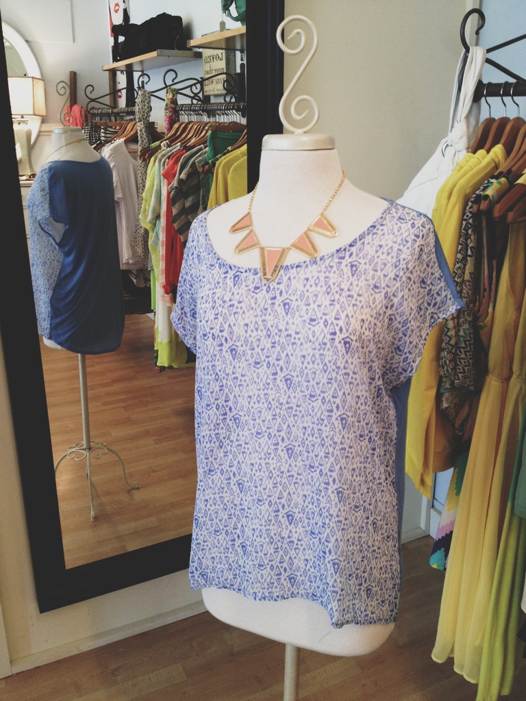 Loose Blue Short Sleeve Top with Coral Statement Necklace