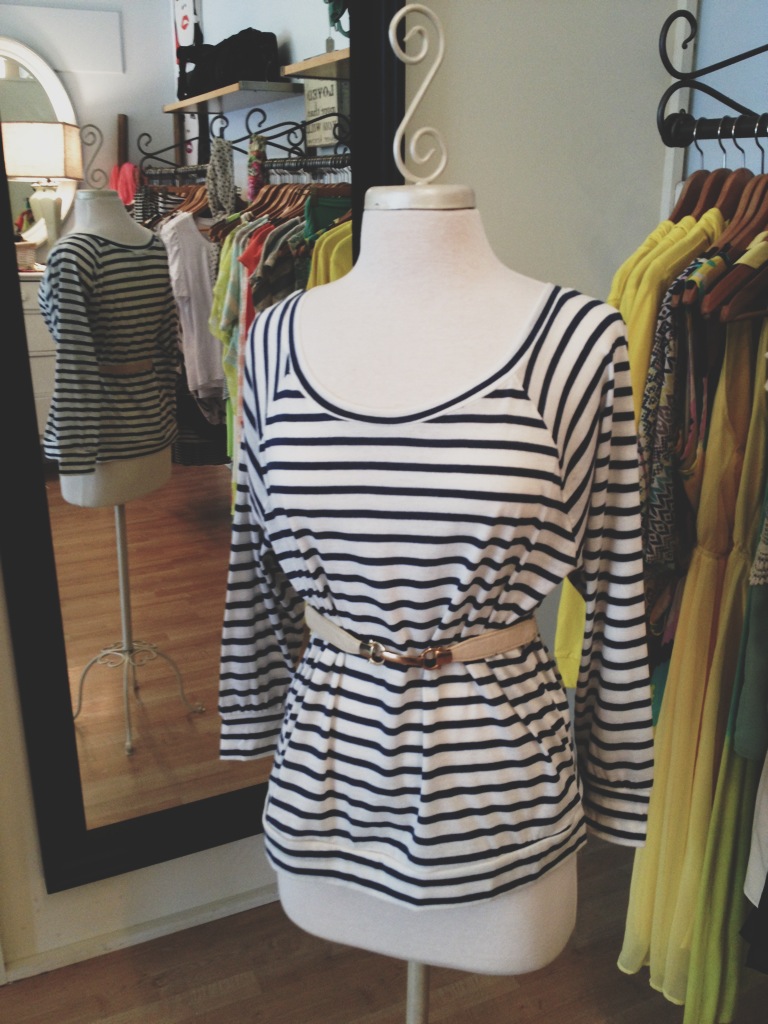 Striped Blue Top with Tan Belt