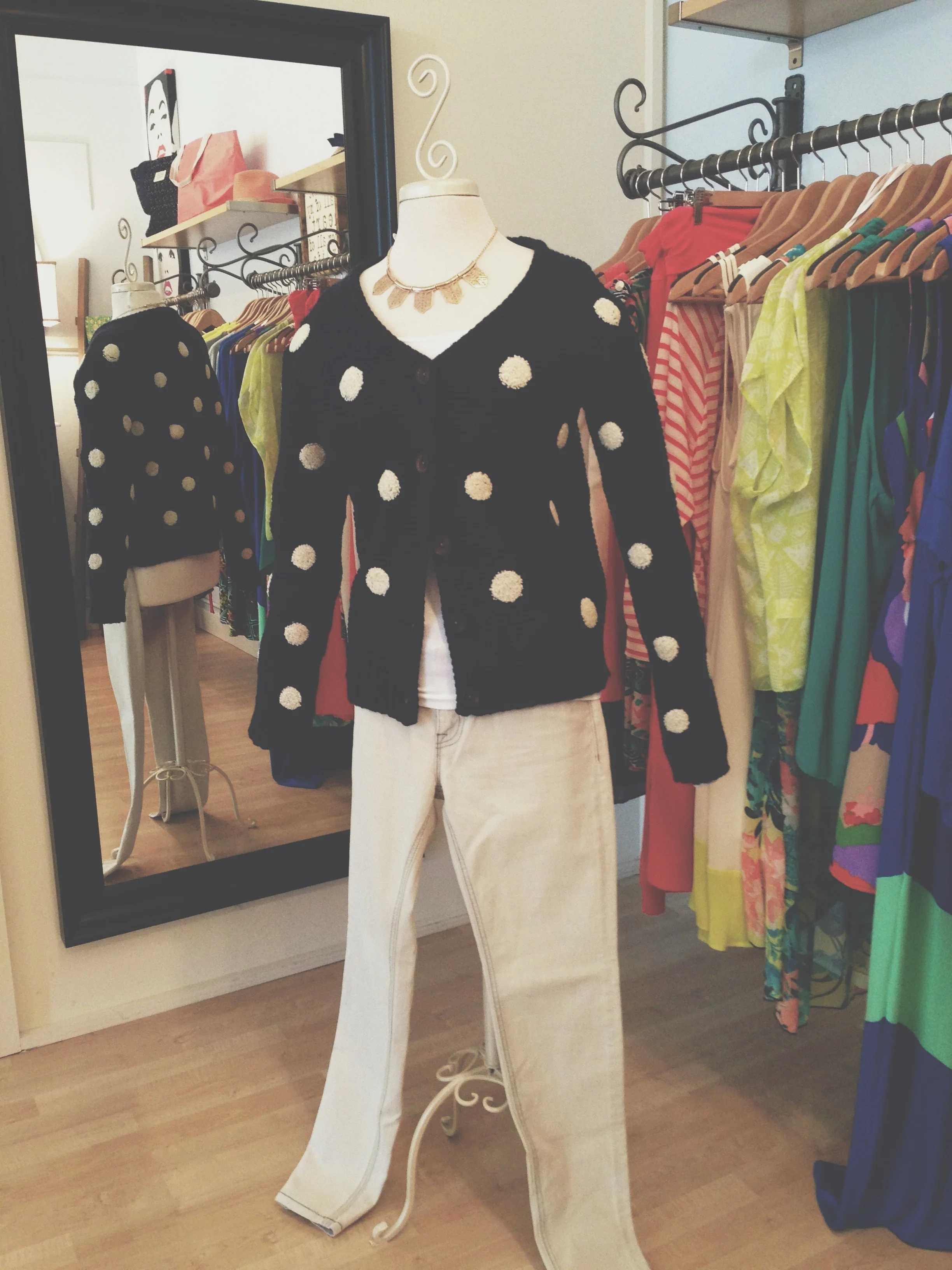 Black and white polka dot sweater, paired with our grey denim.