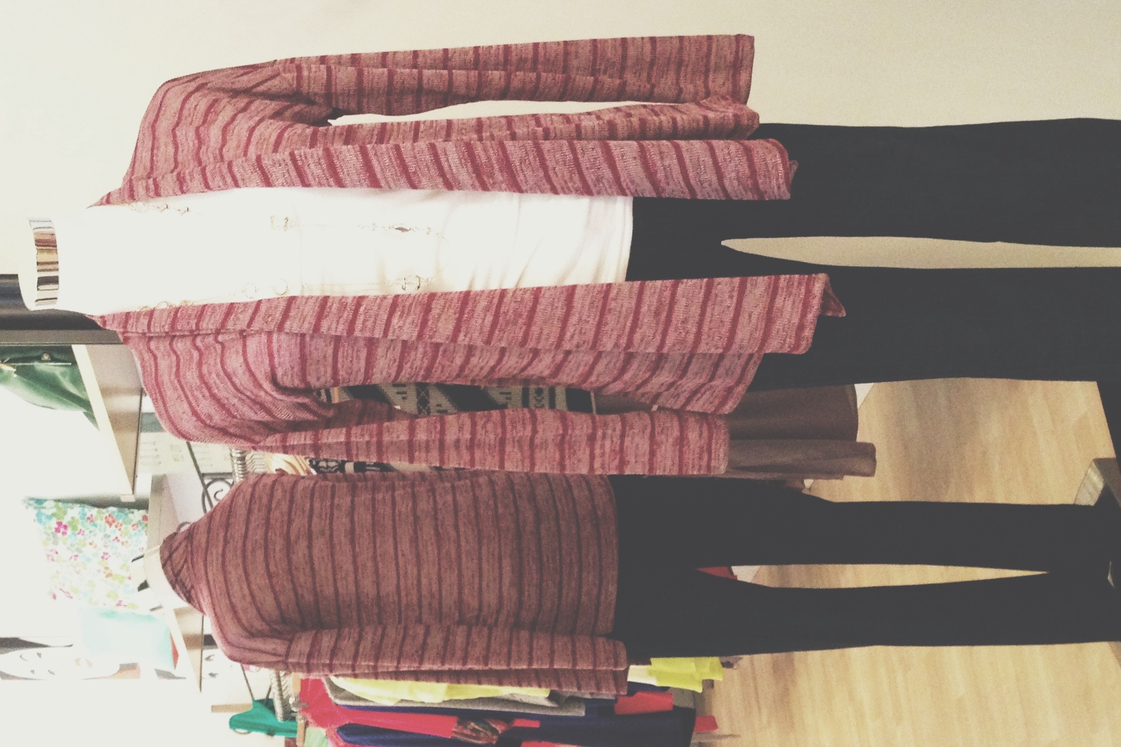 Crimson makes another appearance in this adorable striped open front sweater.