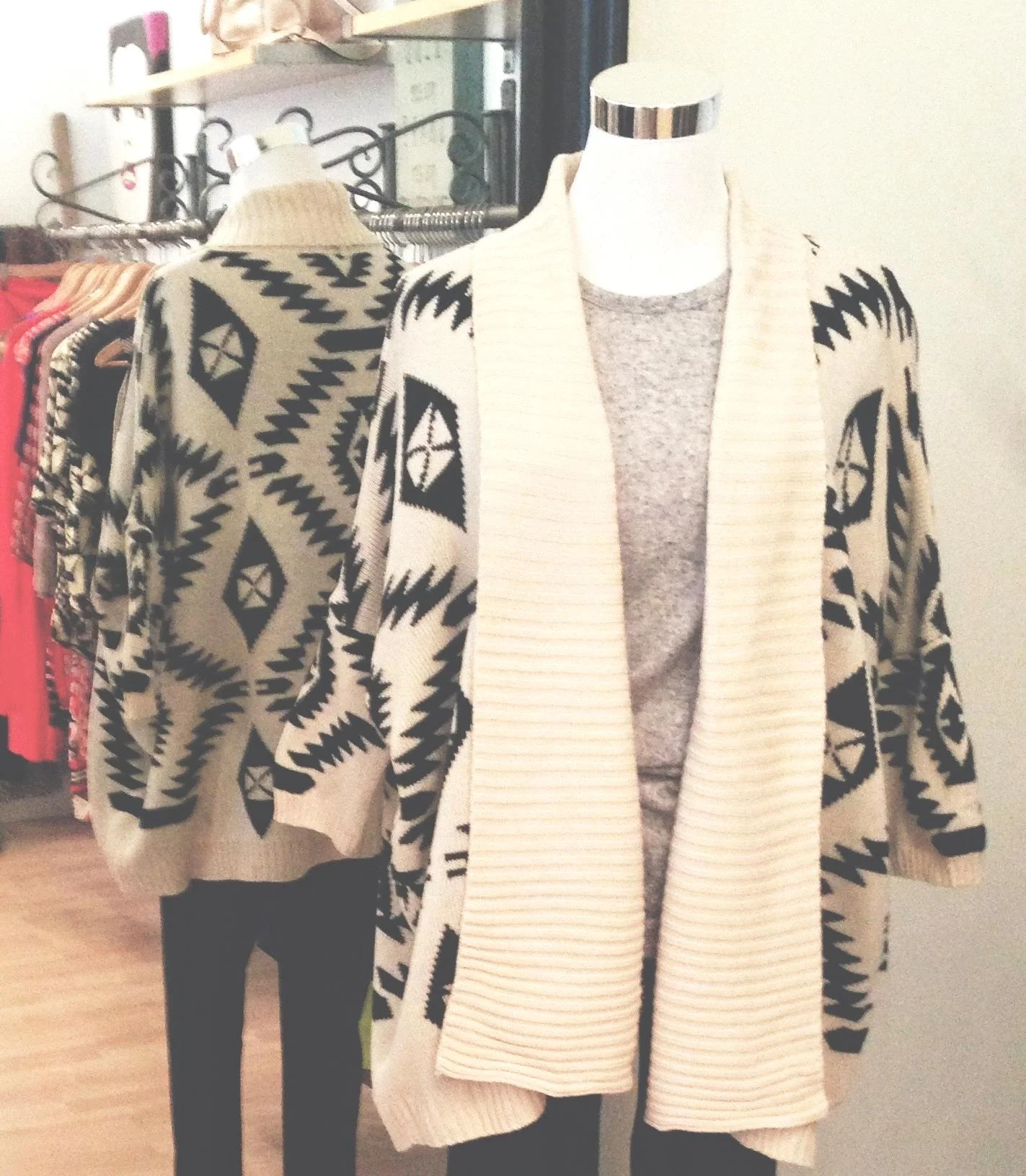 Tan and black tribal print open front sweater