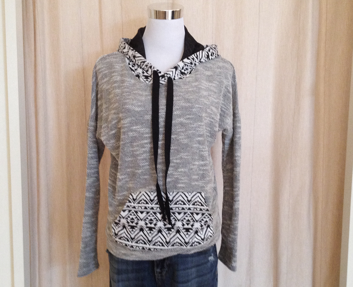 Gray Marled Hoody with Print Trim