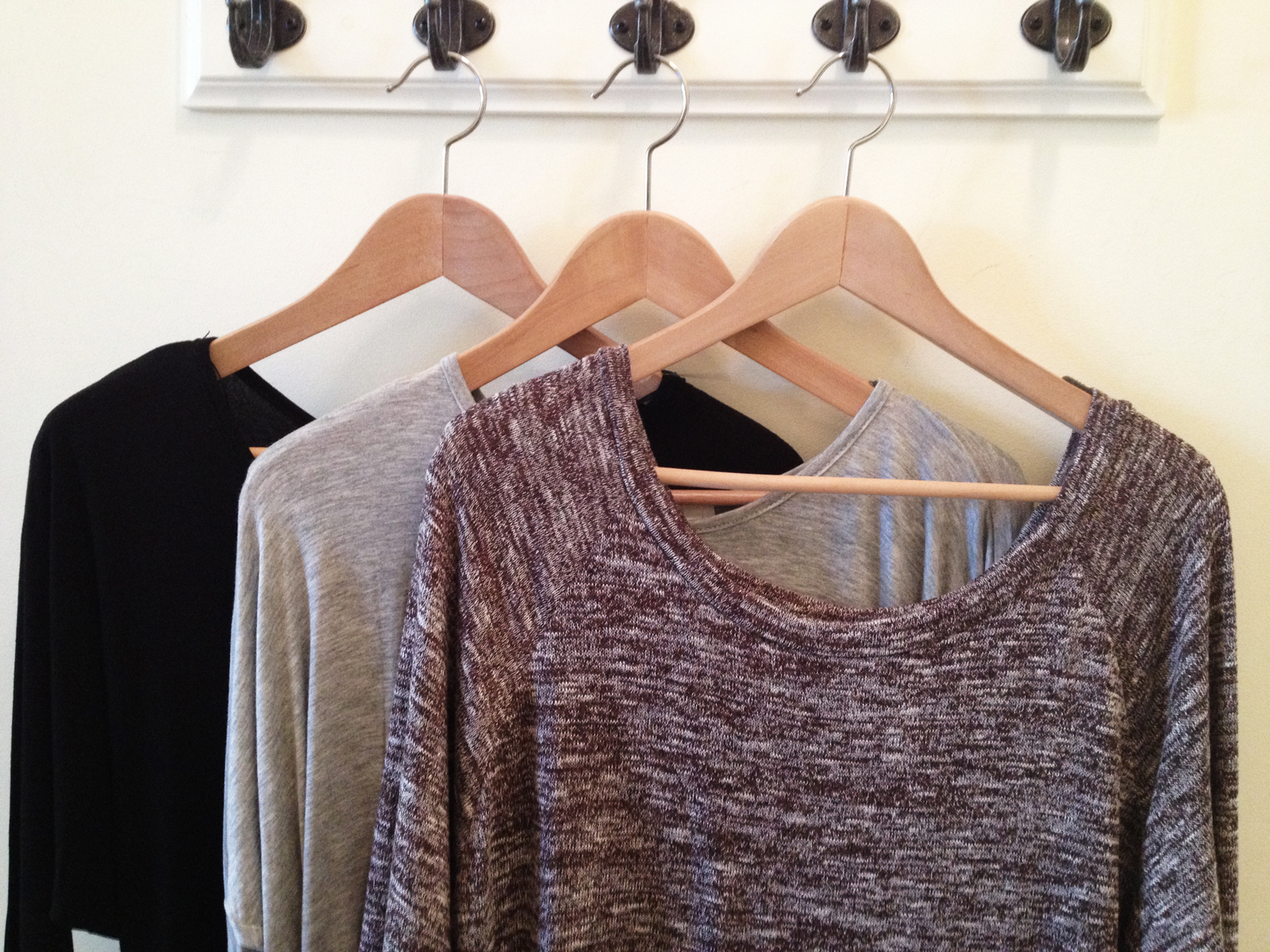Black Dolman Sleeve Knit Dress, Heather Gray Tunic, and Heather Brown Knit Top.