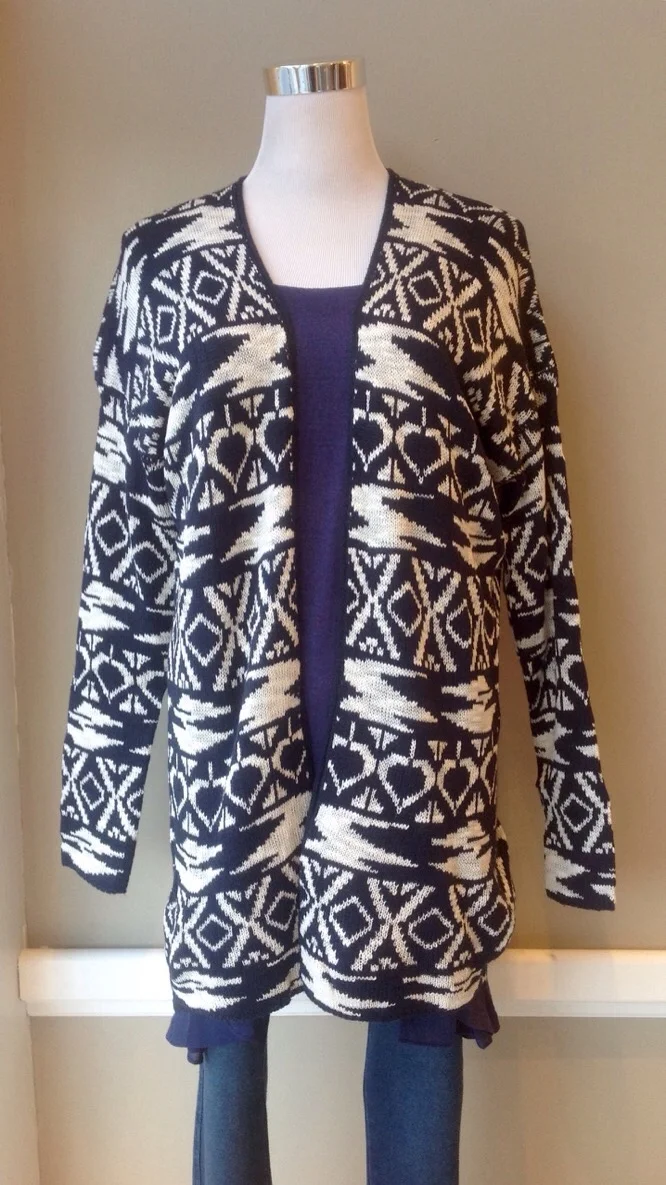 Dark Navy and Off-White geo print cardigan, $45