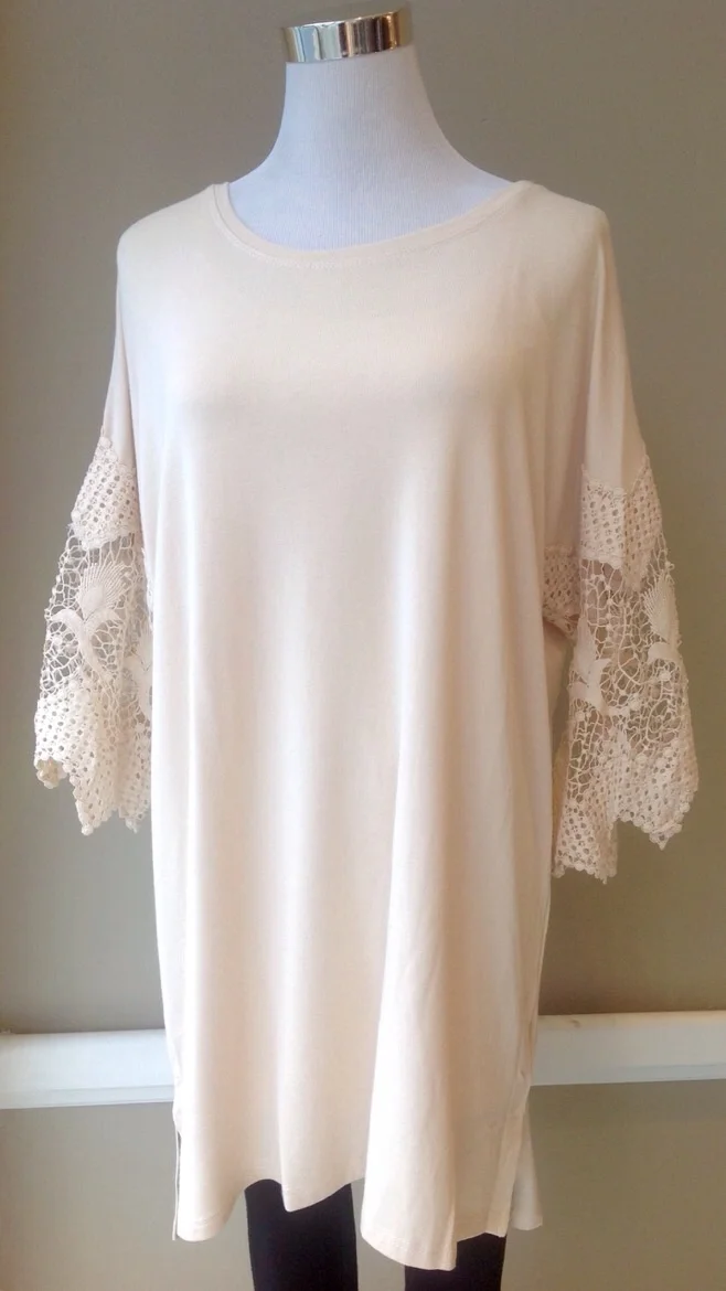 Tunic top with lace 3/4 sleeves in Taupe, $34