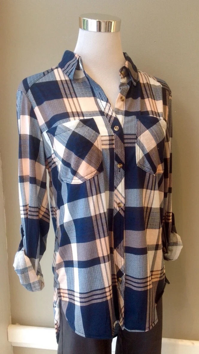 Pink and Navy plaid shirt with high-low hem, $34