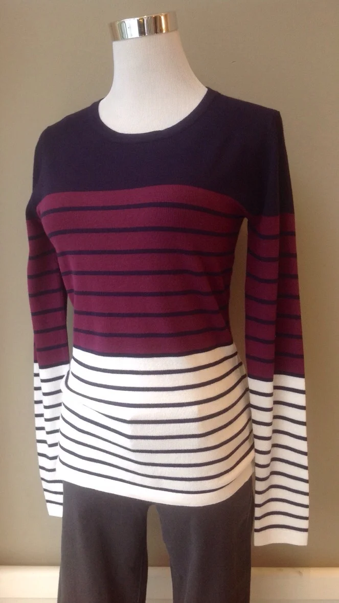Colorblocked lightweight sweater in Navy/Wine/White with navy and black stripes, $34