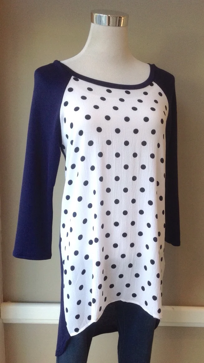 Navy/White tunic top with Black polka dots and high-low hem, $34