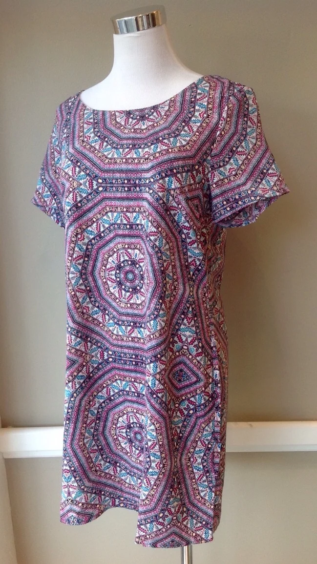 Geo print shift dress in Magenta, $38