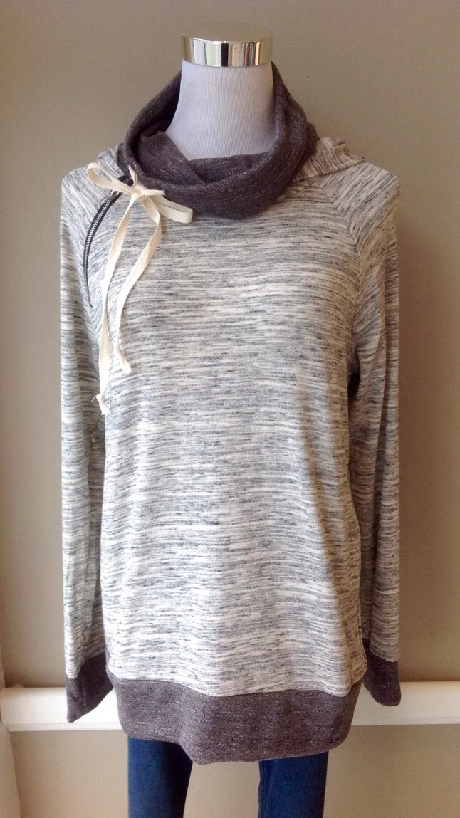 Cowl hoodie with side zip and tie in Heather Grey, $38