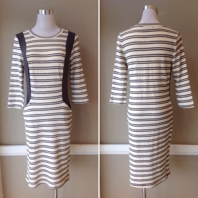 Solid and stripe knit dress with front pockets in Ivory/Grey, $35