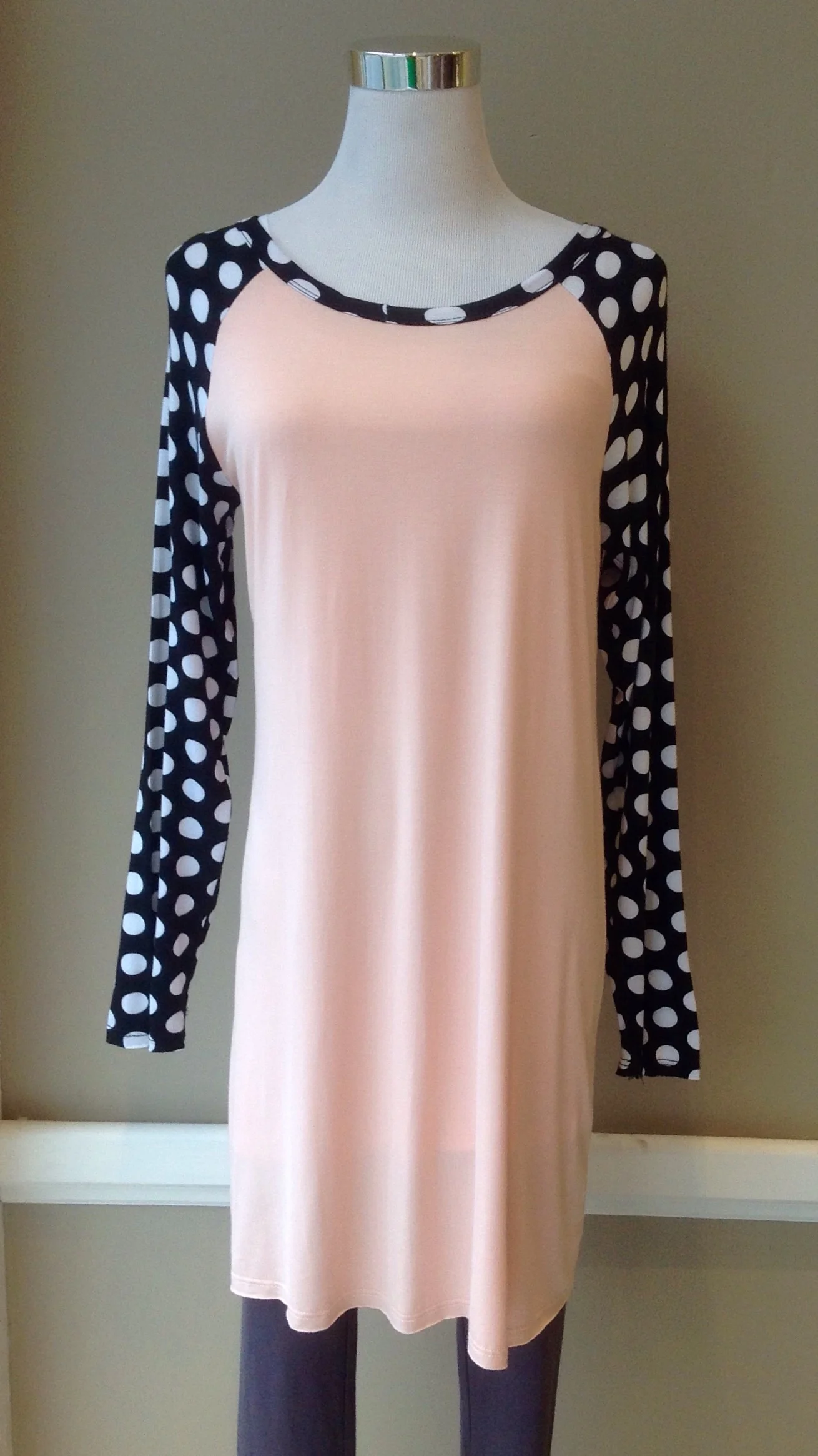 French terry baseball tunic dress in Black/White/Pink, $32