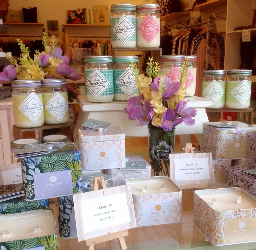 Soy based candles: Produce-inspired jars for $18, and Lulie Wallace printed tins for $21