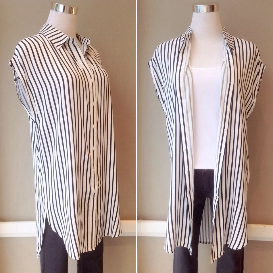 Sleeveless striped button-down dress in white/navy, $38