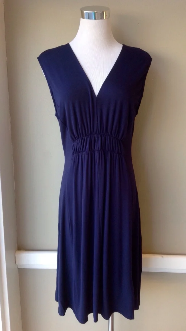 Sleeveless knit dress with ruched bodice in navy, $38