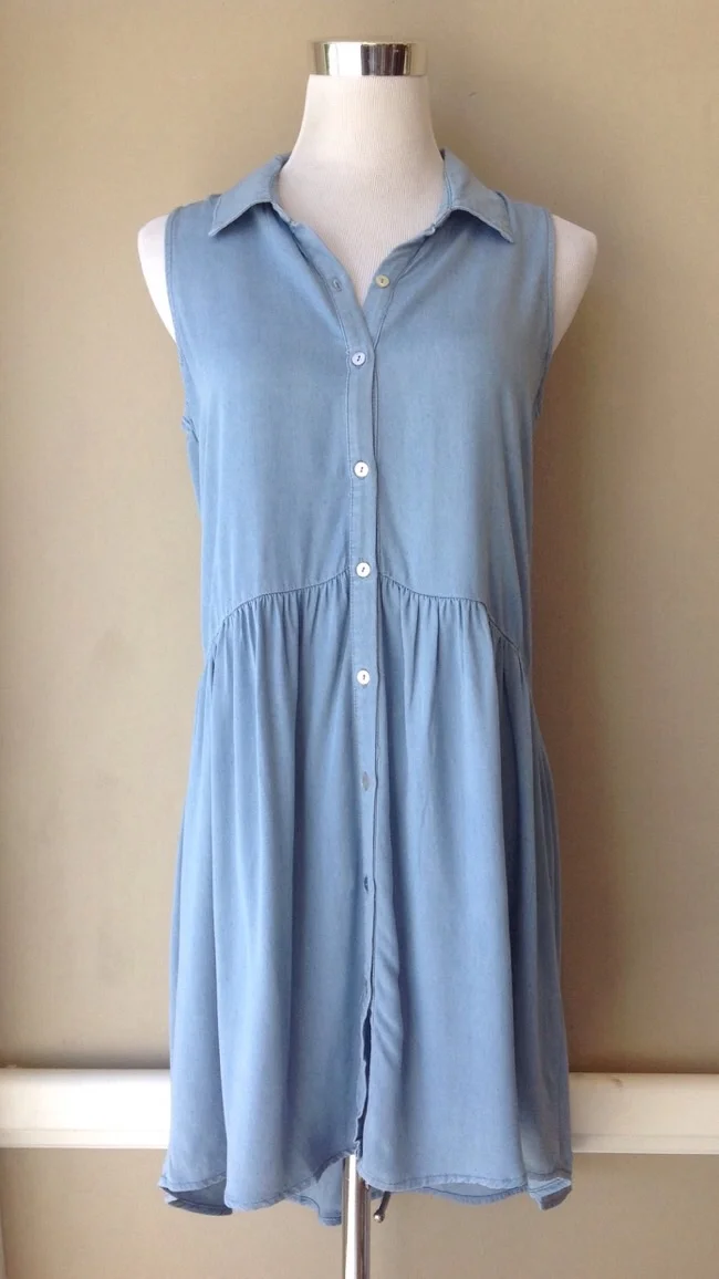 Sleeveless chambray shirt dress with gathered waist, $35