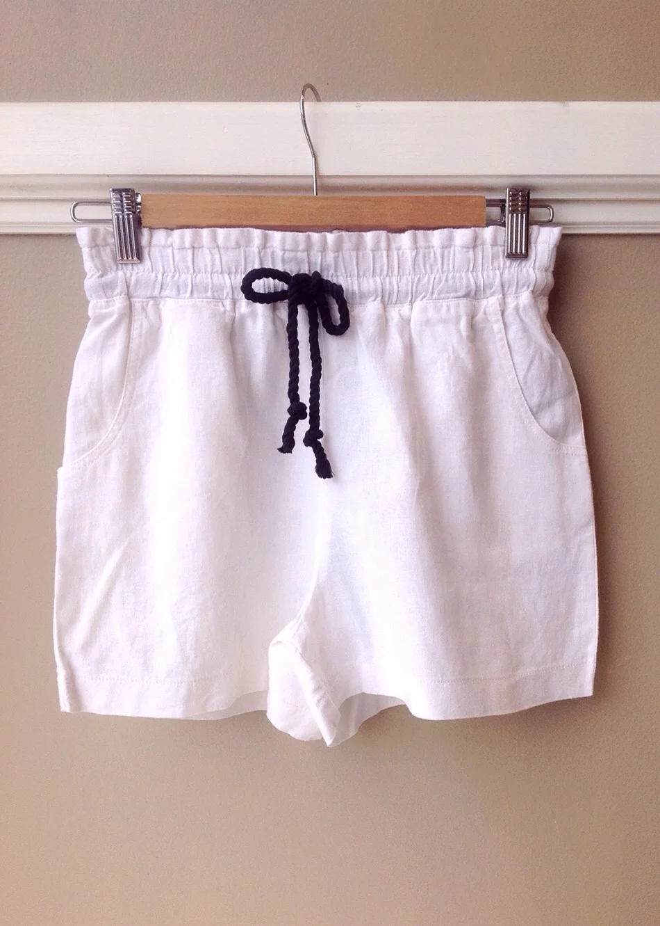 Linen/rayon blend shorts with drawstring waist and pockets, $32