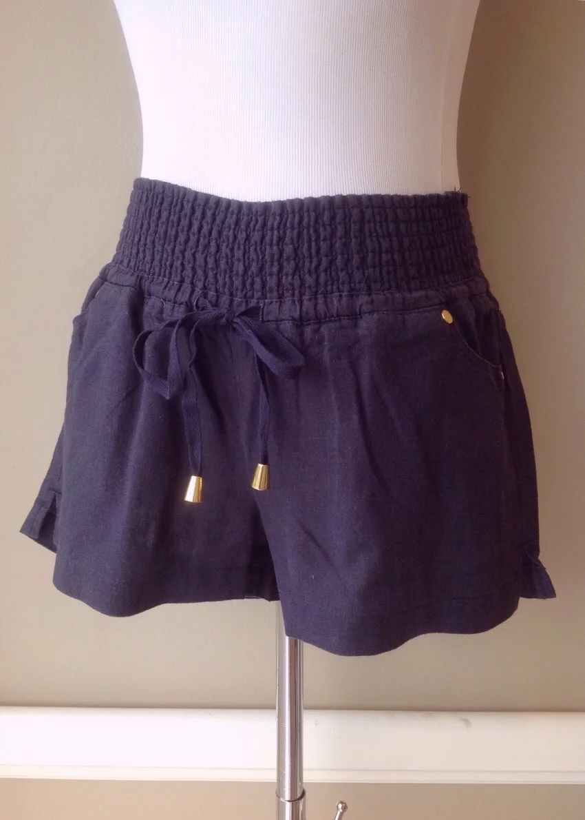 Navy linen/rayon shorts with smocked waist and drawstring tie, $34