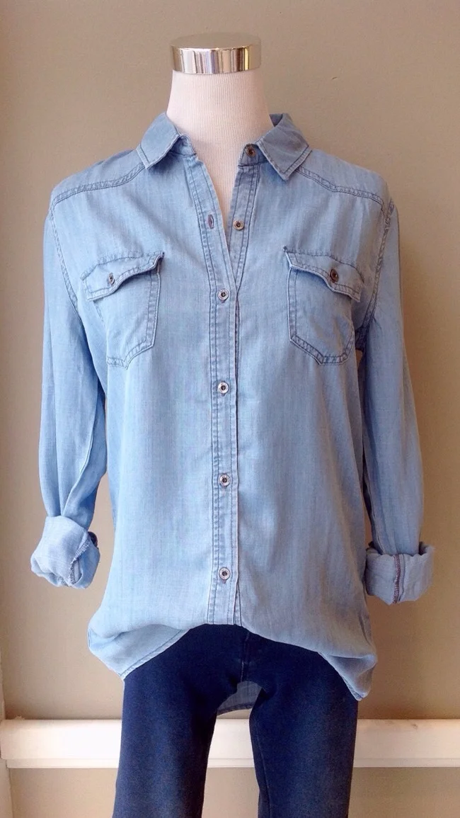 Tencel chambray button-down blouse, $38