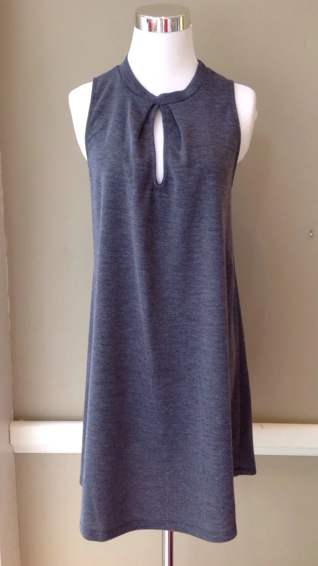 Knit mock neck dress with front keyhole, $38. Available in slate and olive.