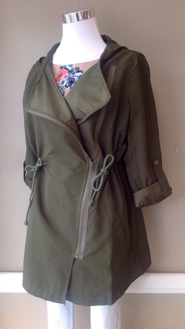 Olive field jacket with asymmetrical zipper and drawstring waist, $42