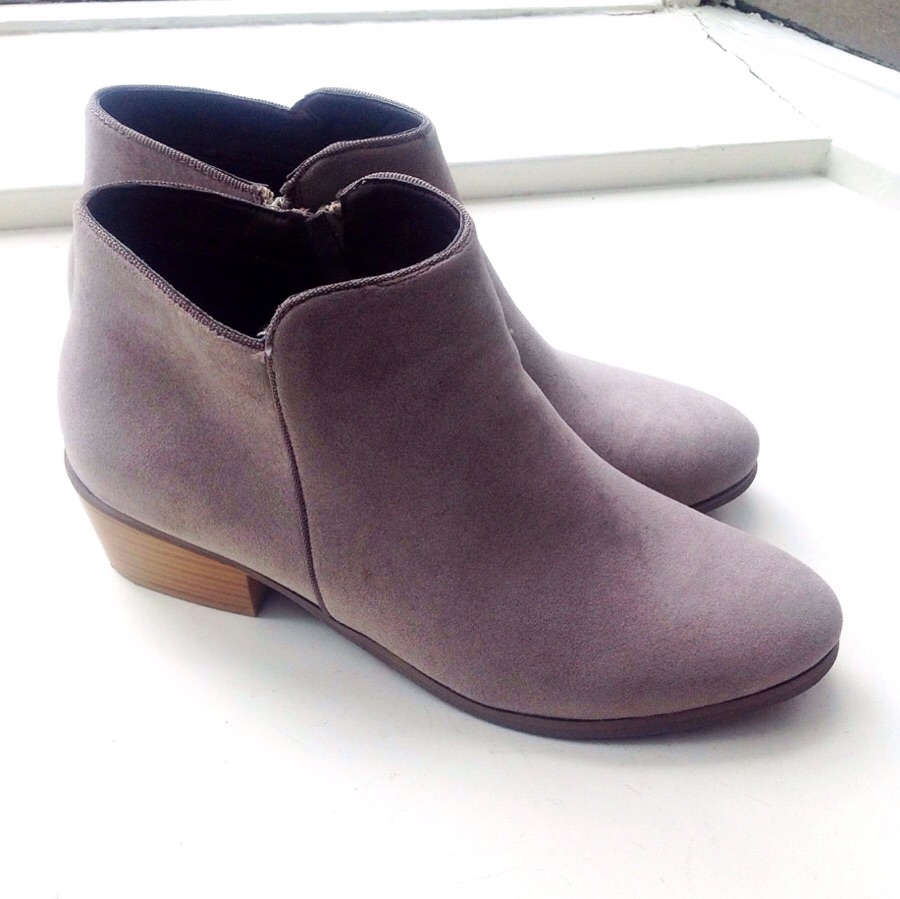 Faux suede booties with rubber soles in soft grey, $45