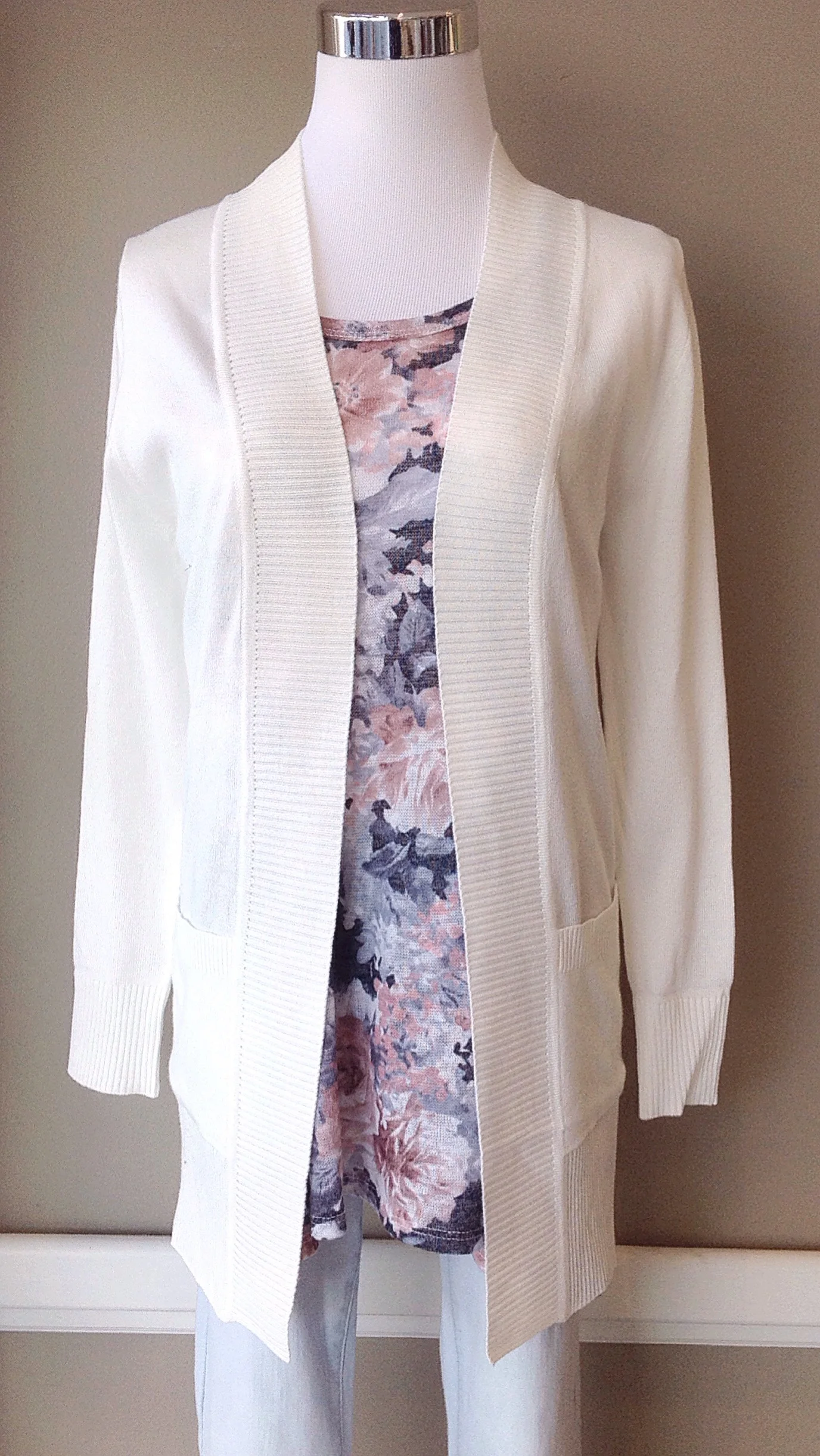 Long open front cardigan with patch pockets in white, $32
