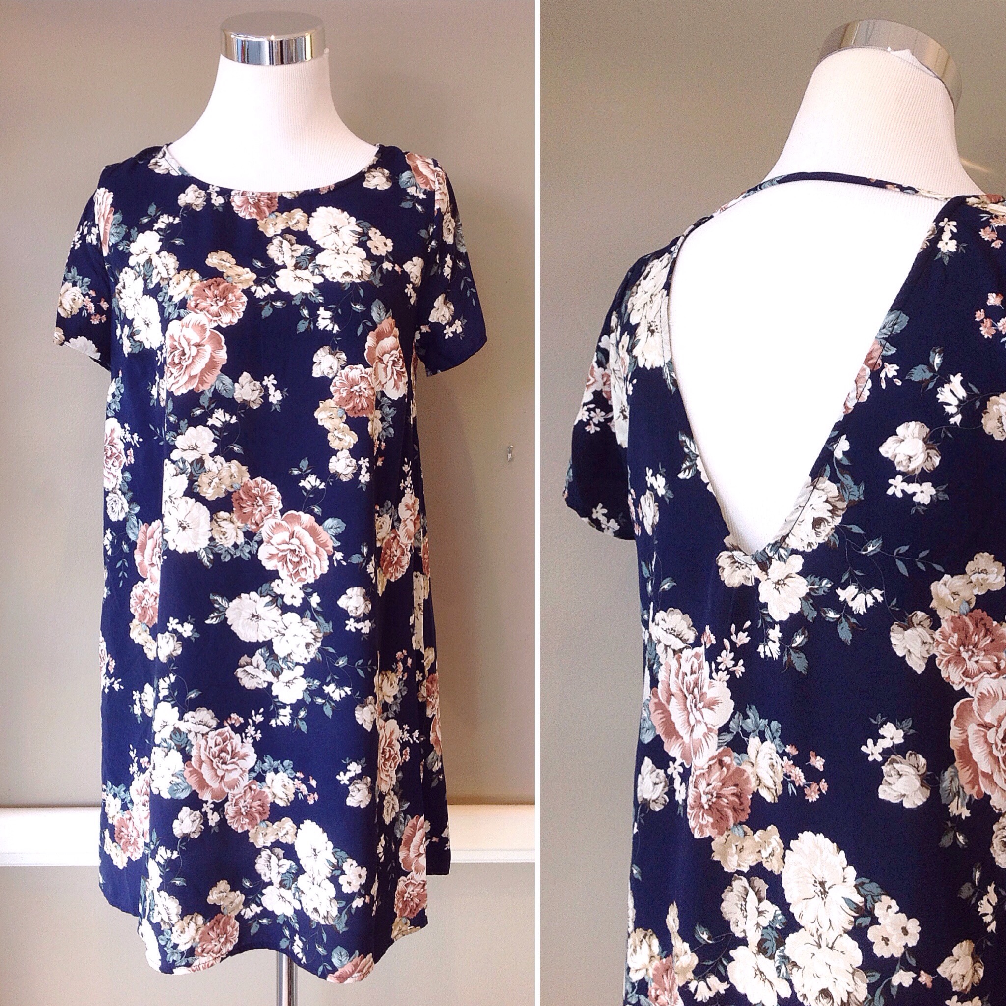 Navy floral print dress with deep V back, $38