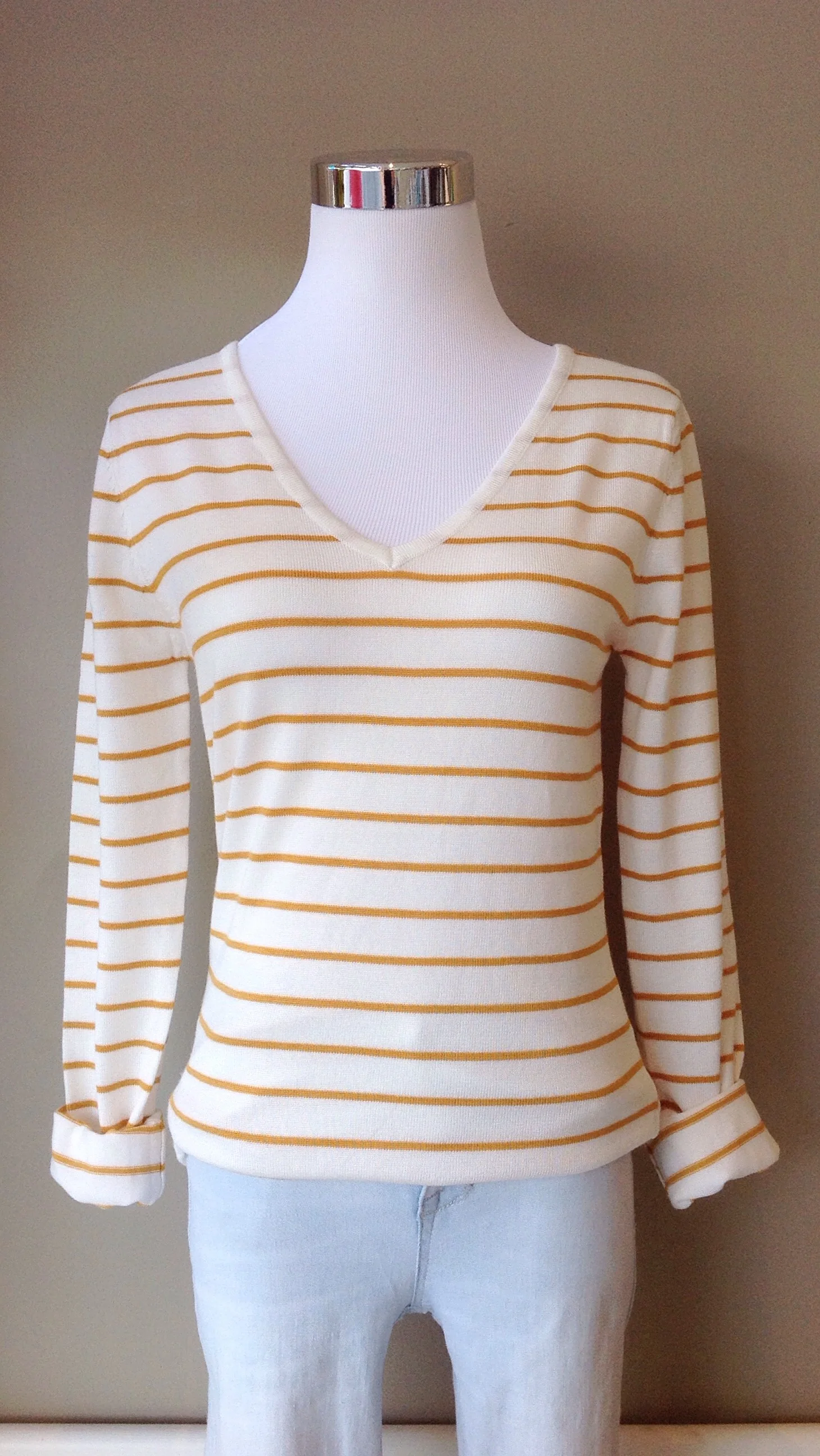 V neck stripe sweater in ivory/gold, $28