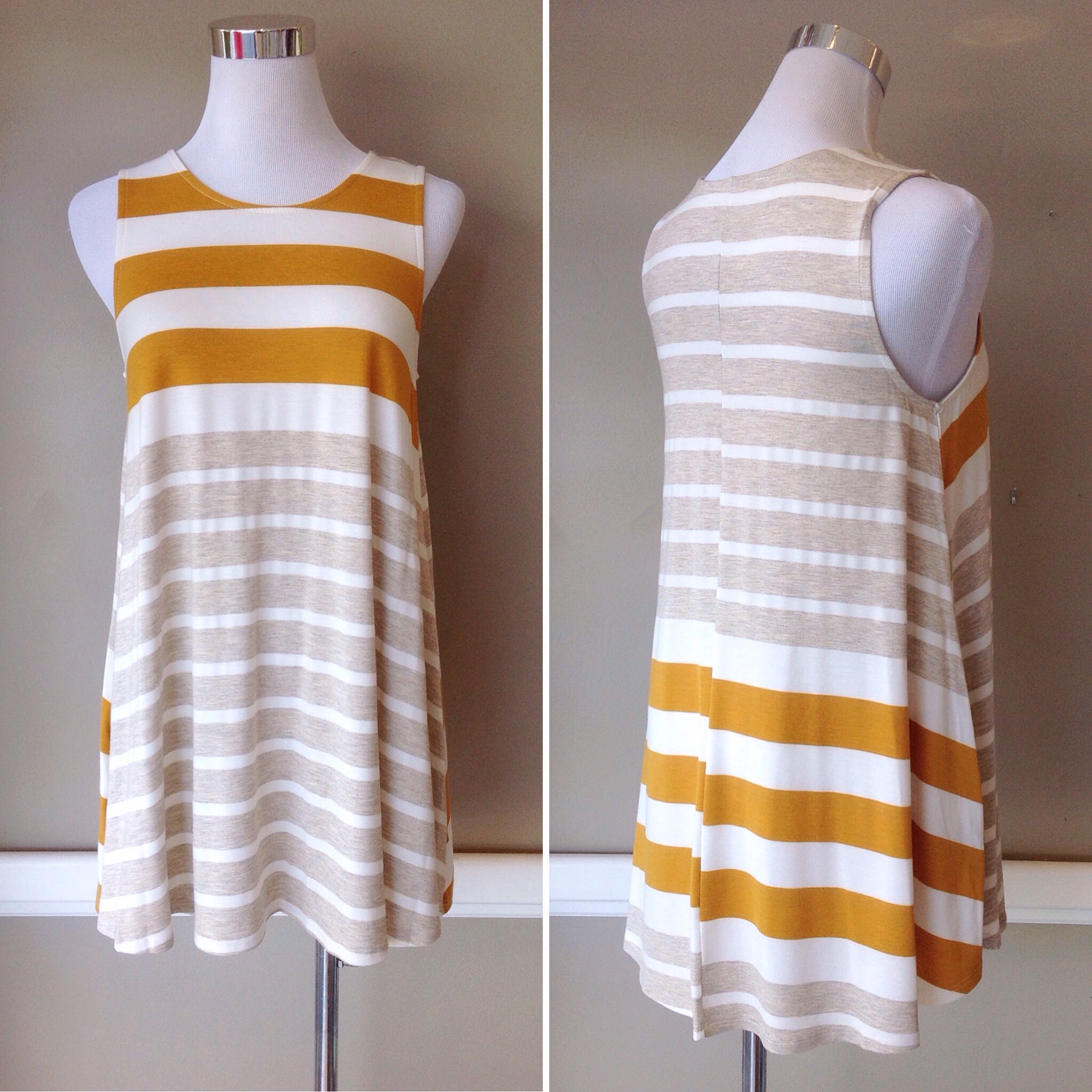 Stripe A-line tank dress with side pockets in mustard/oatmeal/ivory, $32